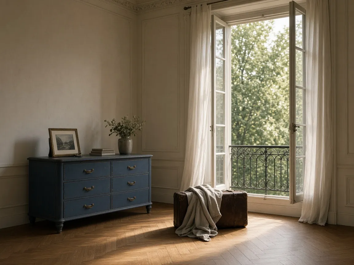 Sala luminosa con ventanales altos y balcón, cortinas livianas, una planta y un baúl de cuero (ilustración)
